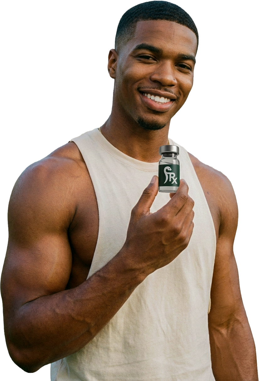 ForbiddenRx patient holding peptide vial